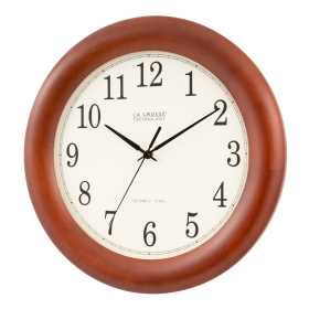 La Crosse Technology 12.5 Inch Cherry finish Oak Wood Atomic Analog Clock, WT-3122A-Int